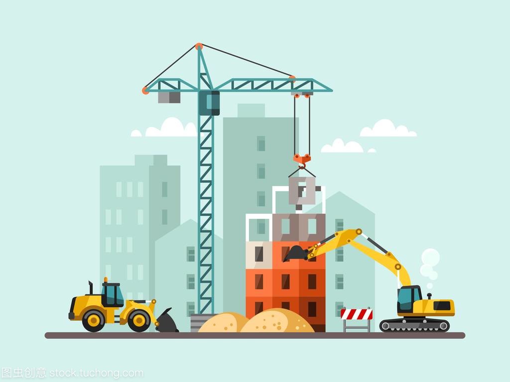 房屋和建筑機械的建設工作進程。矢量圖